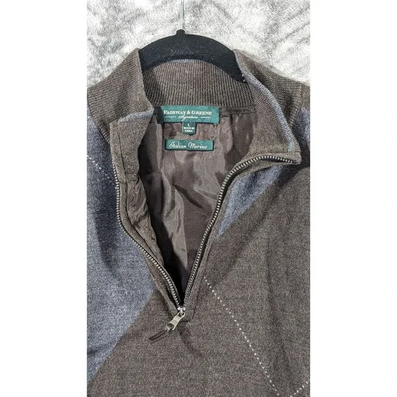 Fairway & Greene Sweater Men Large Italian Merino Wool Argyle Golf 1/4 Zip Lined - Picture 11 of 12